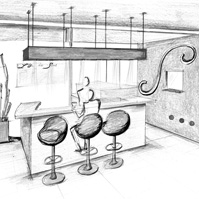 Etude d’ambiance et de couleur de l’espace bar avant réalisation.<br />